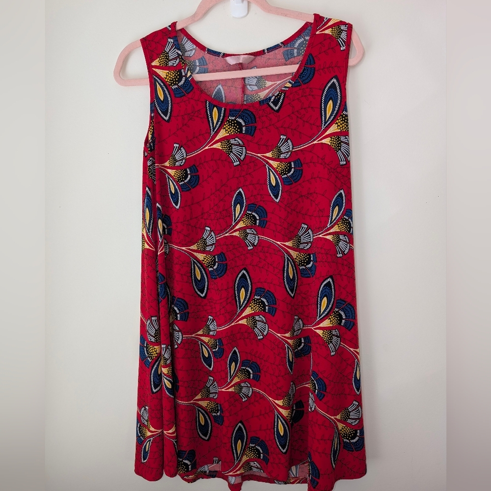 SJS Red Floral Sleeveless Swing Dress Oversized Medium